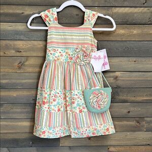 New Bonnie Jean Sleeveless Striped/Floral Mixed-Media Dress w/Purse Girls Size 5